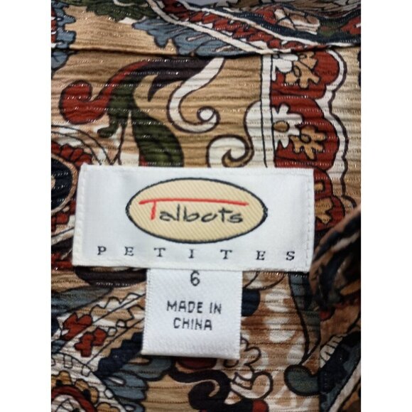 Talbots Womens Paisley Silk Top Size 6 Petite Brown Black Long Sleeve Button Up - Picture 3 of 9